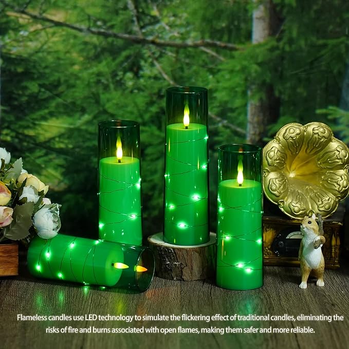 Eebuss Flameless Candles with Embedded Star String, Battery Operated LED Pillar Candles with Timer and Remote Control,Home Decorating for Ambiance， Set of 7 (Green)