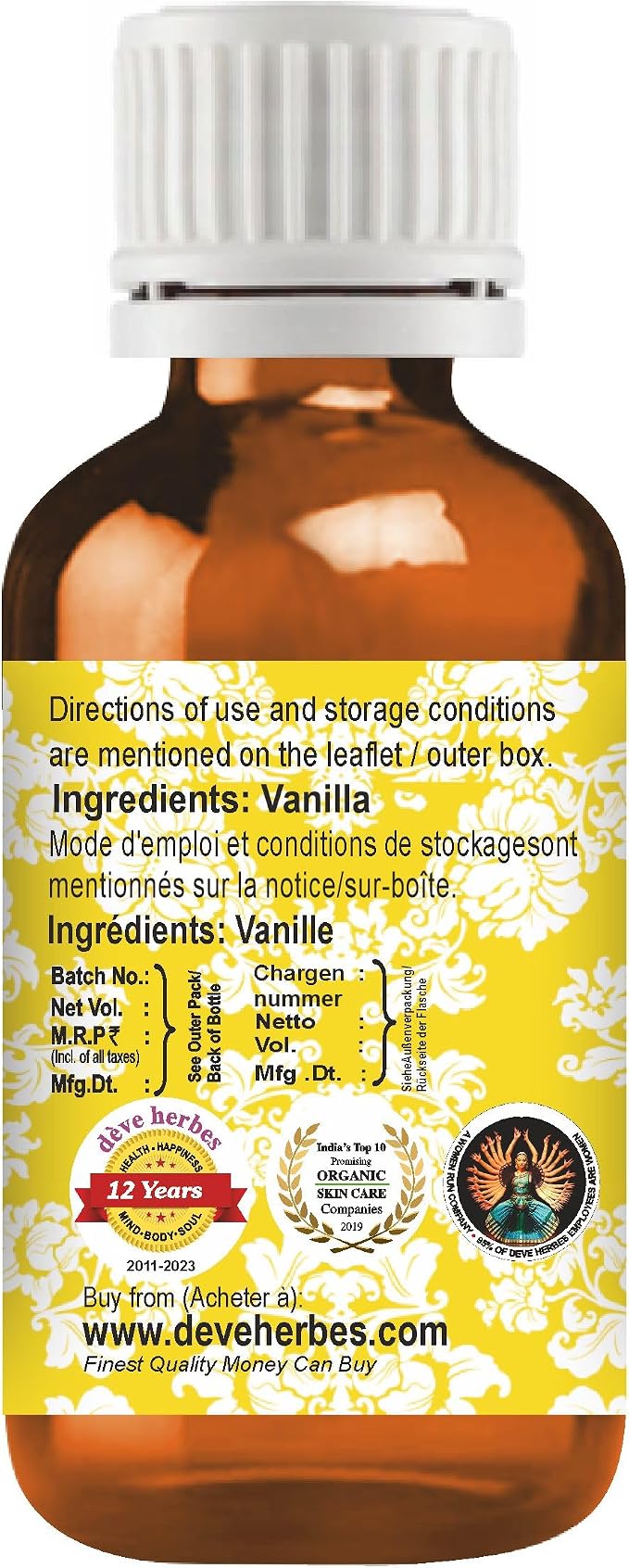 dève herbes Vanilla Essential Oil (Vanilla planifolia) Pure | Non-Sticky | Non-Greasy | Lightweight | Men & Women | All Skin Types | Steam Distilled 30ml (1 oz)