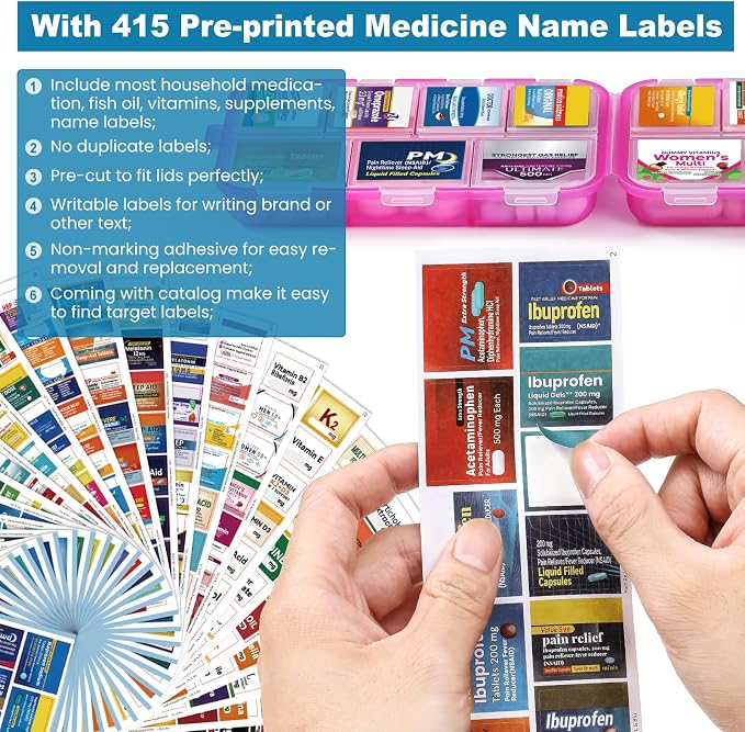 14 Grids Travel Pill Organizer Box with 415-Pcs Medicine Name Labels - Pocket Daily Pharmacy Case Container Kit - Travel Medication Holder Dispenser for Fish Oil Vitamin Supplement Storage -Clear Pink