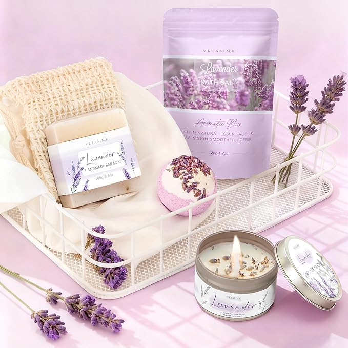 Gifts for Women, Lavender Bath and Body Gift Basket Relaxing Spa Self Care Gift, Mothers Day Gifts Happy Birthday Gift Baskets, Thank You for Mom Her Sister Wife Girlfriend Teacher Friends Friendship