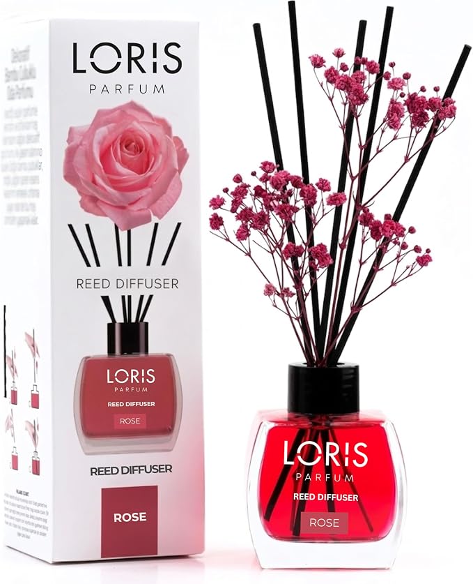 Loris Rose Reed Diffuser Set with Dried Flowers | Reed Diffusers for Home with Sticks | Bathroom Diffuser & Room Scent | Long-Lasting Home Fragrance | 120 mL / 4.06 fl oz