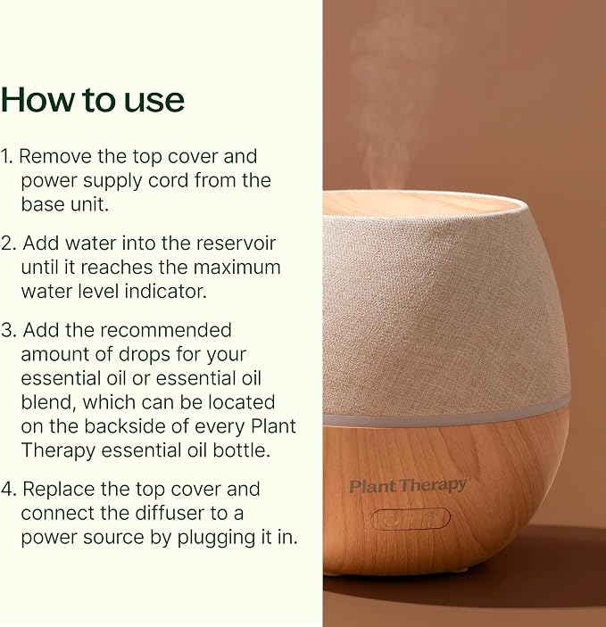 Plant Therapy Home Drift Linen Essential Oil Diffuser, Stylish Linen Cover Adds a Soft, Natural Touch to Any Space, Intermittent & Continuous Mist, Color-Changing Light, 320 Square Feet Coverage