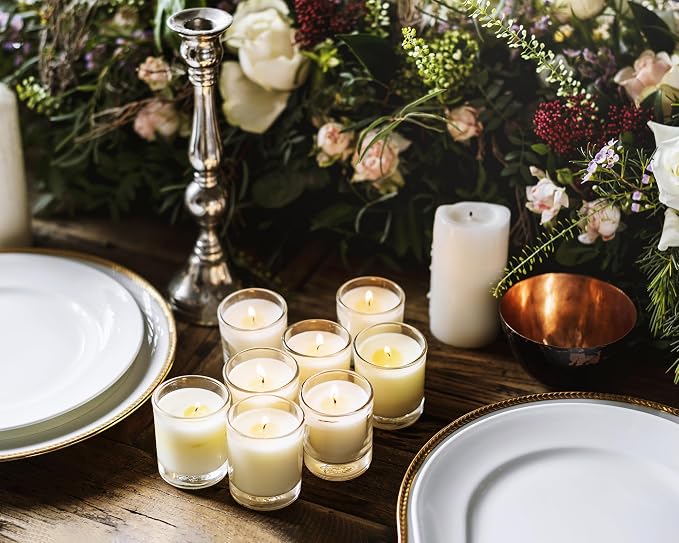 Set of 20 White Votive Candles Clear Glass Filled Unscented Soy Wax Candle for Home Spa Weddings Birthday Holidays Party and DIY