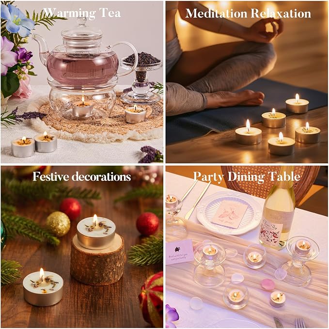 16 Pack Lavender Tealight Candles with Real Dried Petals, Natural Soy Wax, 6-Hour Burn Time for Home, Wedding, Bath Decor