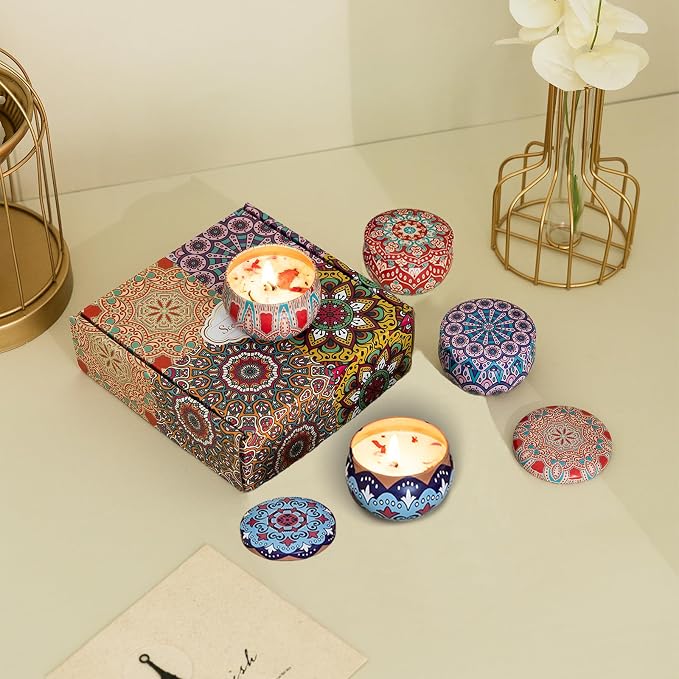 Scented Candles Gift Set, 2.5 oz Aromatherapy Candles for Home, Portable Candles, Soy Wax Tin Jar Candles for Yoga, Bath Long Lasting Time Candles Gift for Women Lavender/Rose/Vanilla/Wolfberry Orange