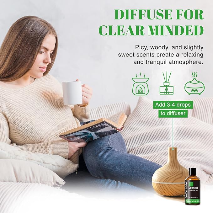 MAYJAM Premium Grade Vetiver Essential Oil - 100ML/3.38FL.OZ for Diffuser, Aromatherapy Oils for Candles, Soaps