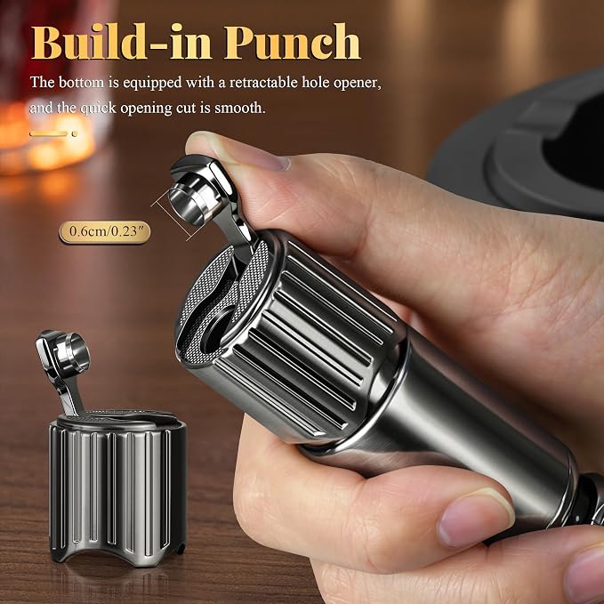 Butane Torch Lighter Build-in Holder, Punch, Windproof Triple Jet Flames Lighters with Safety Lock, Adjustable Flame, Metal Pocket Lighter for Candle, Grill, Men's Gift (NO Gas)