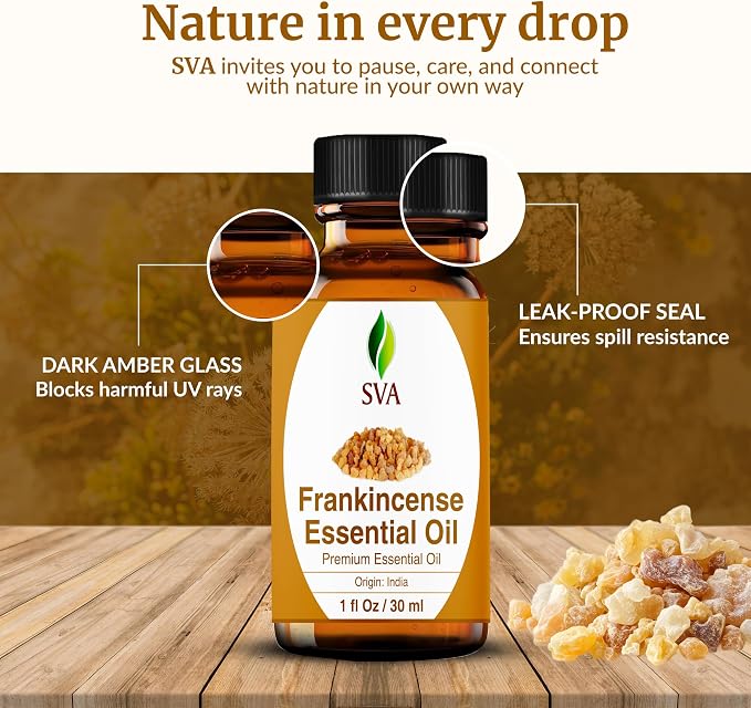 SVA Frankincense Essential Oil – 1 Fl Oz – 100% Natural Boswellia Serrata Oil - for Diffuser, Hair Care, Face, Skin Care, Aromatherapy, Scalp and Body Massage, Soap and Candle Making - with Dropper