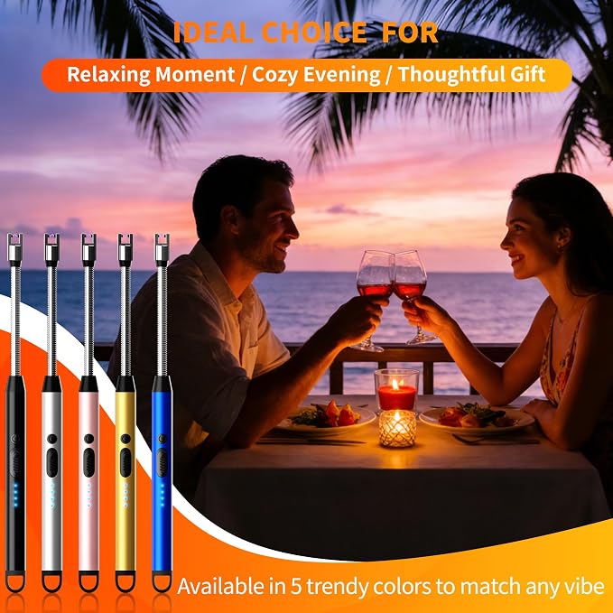 2 Pack Rechargeable Type C Electric Lighters, Gold | Flameless and Windproof, Plasma Arc, 360° Long Reach Flexible Neck, LED Power Display, For Candles, BBQ Grill & Camping
