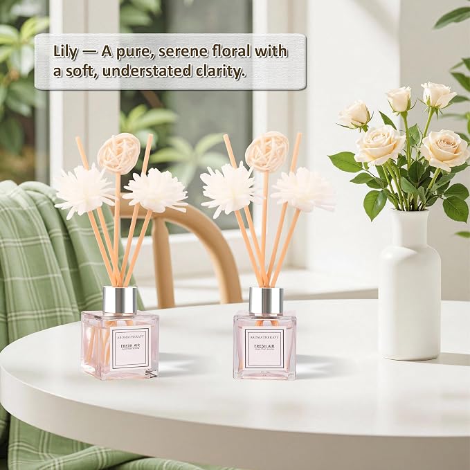 Reed Diffuser Set of 2, Lily Scent Oil Diffuser with Sticks for Home Fragrance, Office Living Bedroom Decor, Bathroom Decor and Accessories, Air Fresheners Gift Set, 1.7 fl oz/50ml x 2