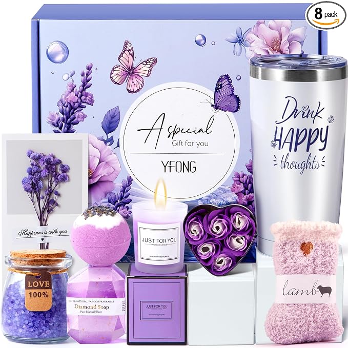 YFONG Birthday and Get Well Gifts for Women - Relaxing Care Package With 20 oz Tumbler, Thinking of You Purple Relaxing Gift Set, Unique Self Care Gift Basket for Mom, Wife, Friends - Lavender