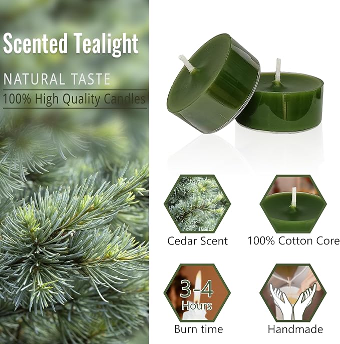 Green Tea Lights Set of 24, Handmade Tealight Candles, Cedar Scented Tea Candles, Long Burning Tealights for Wedding Meditation Home Spa Decor Gift