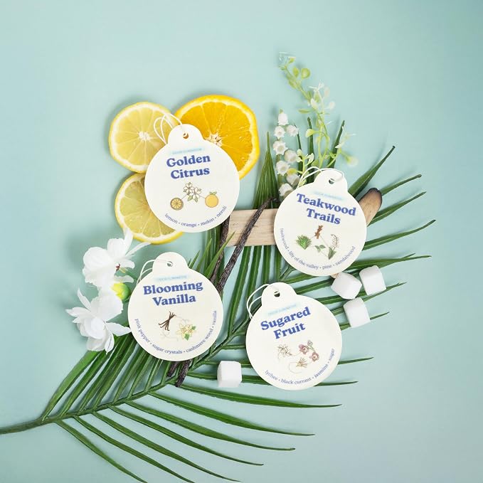 Happy Wax Odor Eliminating Car Charms 4-Pack - Includes: Blooming Vanilla, Golden Citrus, Sugared Fruit, Teakwood Trails