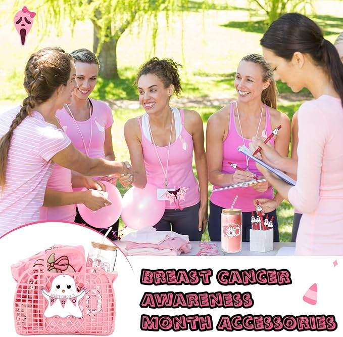Roshtia 7 Pcs Breast Cancer Theme Jelly Basket for Women Throw Blanket Glass Mug Candle Jar Makeup Bag Plastic Handbag with Pen Card Gift for Breast Cancer Survivor