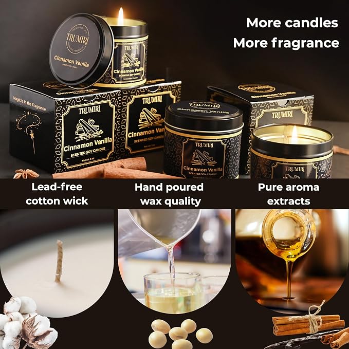 Vanilla Candle with Cinnamon Strong Scented Soy Candel Clean Non Toxic Velas Aromáticas for Women Gift for Fall Christmas Holidays Pack of 3 5Oz Decorative Tin Jars with Lids