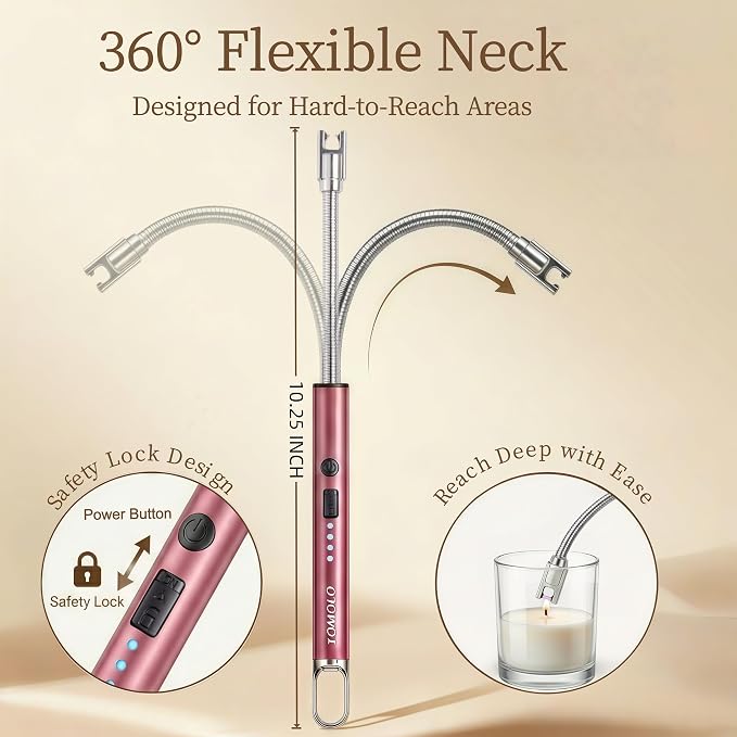 TOMOLO Electric Candle Lighter, Long Flexible Neck Lighter with Safety Switch, Windproof Plasma Flameless USB Rechargeable Lighters for Candles, Grill, Camping & Gas Stove, 2-Pack (Black & Rose Gold)