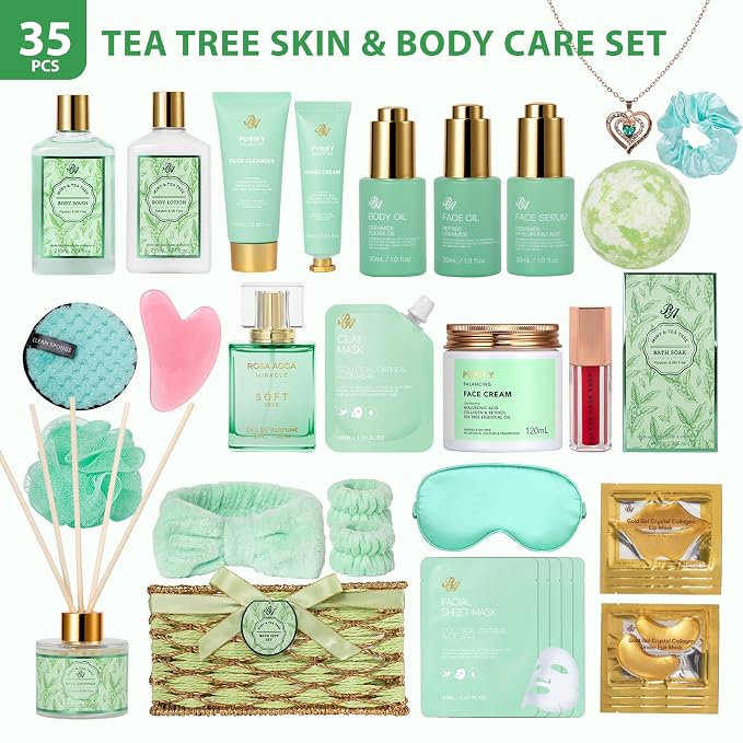 35 Pcs Mothers Day Gifts for Mom, Bath & Body Gift Basket for Women, Tea Tree Spa Gift Set, Face Skin Care Set, Self-Care Relaxation Gift, Diffuser, Birthday, Christmas, Valentines, Anniversary, Wife