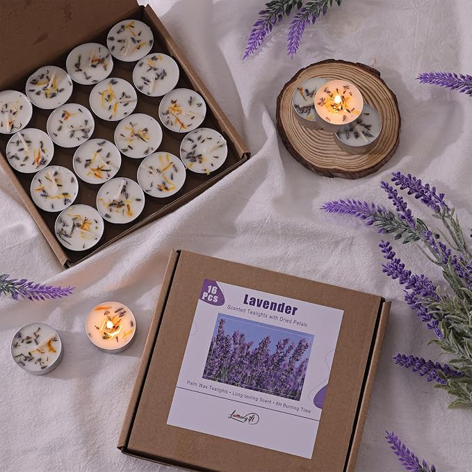 16 Pcs Lavender Scented Tealight Candles, 6H Long Burning - 100% Palm Wax Based Scented Tea Lights with Dried Flowers, Non-Toxic/Smokeless Scented Tea Lights Candles for Spa, Bath, Wedding