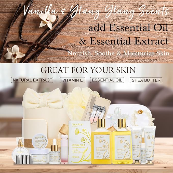 23 Pcs Bath & Body Gift Basket, Face Skin Care Kit, Spa Gift Set, Home Spa | VANILLA & YLANG YLANG Spa Gift Basket for Women, Lip Self-Care Relaxation Gift, Birthday, Christmas, Valentines, Anniversary