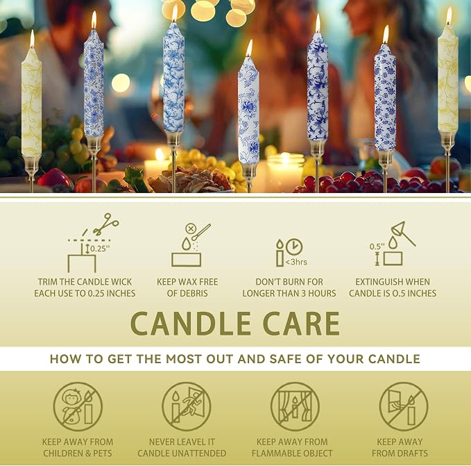 7 inch Short Candle Floral Candle Sticks Printed Candlestick Handmade Unscented Taper Candle 4 pcs Blue Flower Tapered Candles for Home Dinner Wedding Holiday