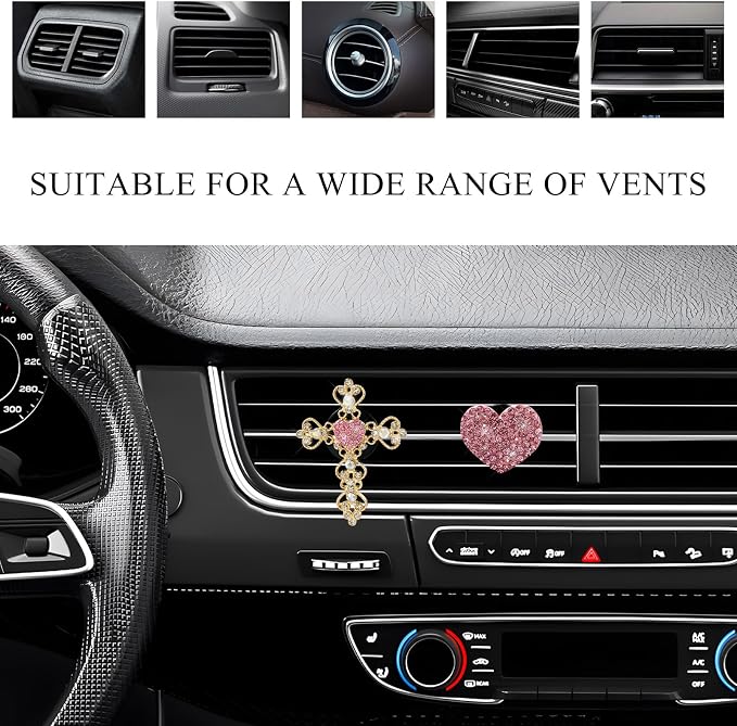 2 PCS Bling Car Vent Clip, Crystal Rhinestone Cross and Heart Car Air Fresheners Vent Clips, Diamond Car Air Conditioner Outlet Decoration Charm for Women, Car Accessories (Pink)