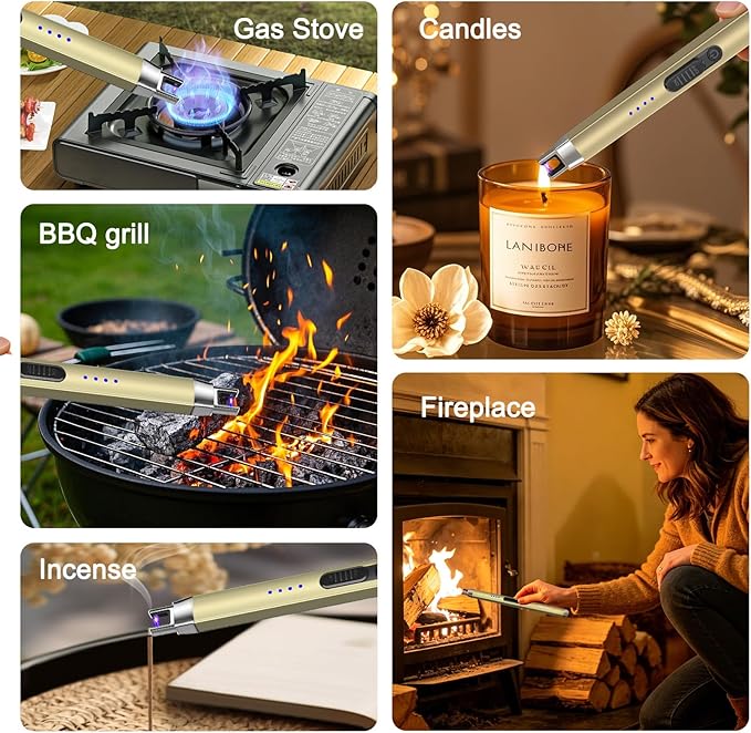 2 Pack Candle Lighter USB Rechargeable Electric Plasma Arc Lighters with Safety Lock, Windproof Flameless Long Lighters Matches for Candle, Grill, BBQ, Camping, Gas Stoves (Gold*2)