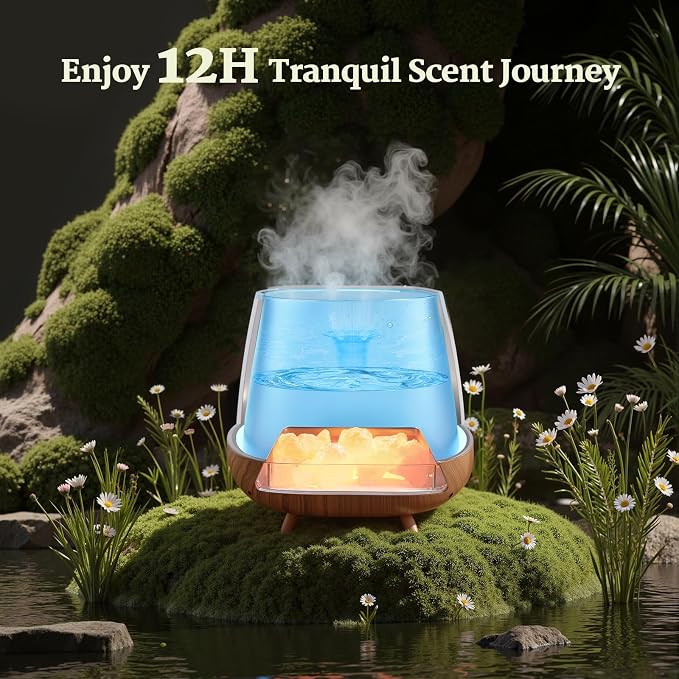 Essential Oil Diffuser for Home: 200ml Aromatherapy Diffuser with Himalayan Pink Salt Rock, Cool Mist Humidifier with Auto Off Function and 9 Colors LED Night Light for Bedroom