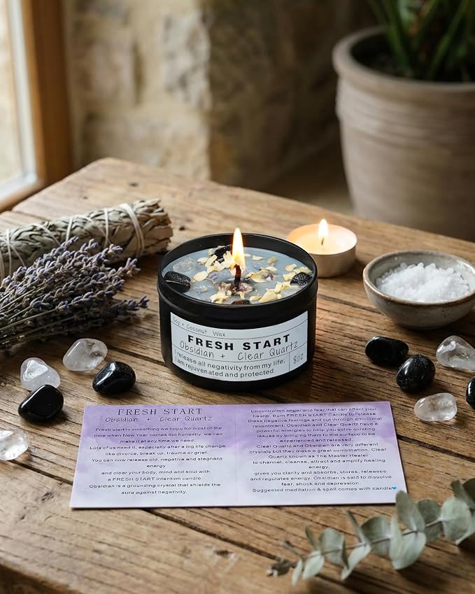 Fresh Start Obsidian, Clear Quartz Candle, Vegan Energy Clearing Ritual, Becoming Your Best Self, Oriental Scent (8oz)