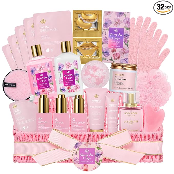 Gifts for Women, Gifts Basket for Women, 32 Pcs Rose Bath and Body Gift Basket Set, Hydrating Facial Skin Care Set, Self Care Pampering Kit, Home Spa Basket Set for Mom & Wife, Birthday, Anniversary