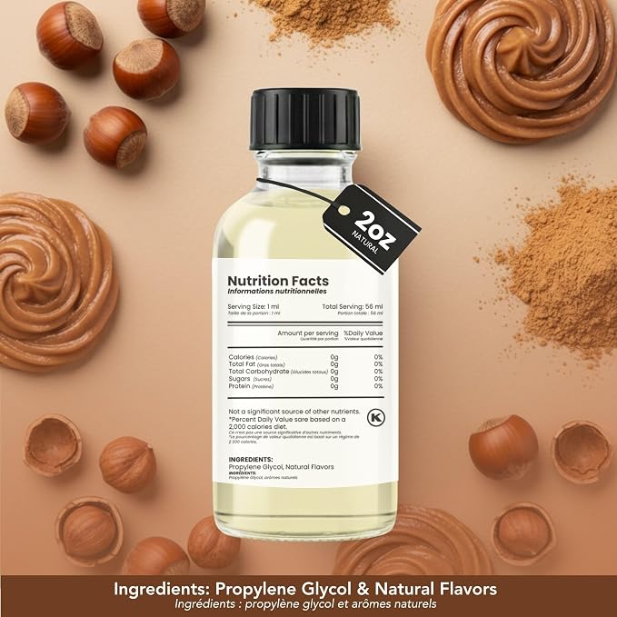 Dolce Flav Natural Hazelnut Extract – 2 Ounce Water-Soluble Kosher, Sugar-Free, Concentrated Toasted Hazelnut Flavoring for Coffee, Baking & Desserts, Includes Measured Dropper