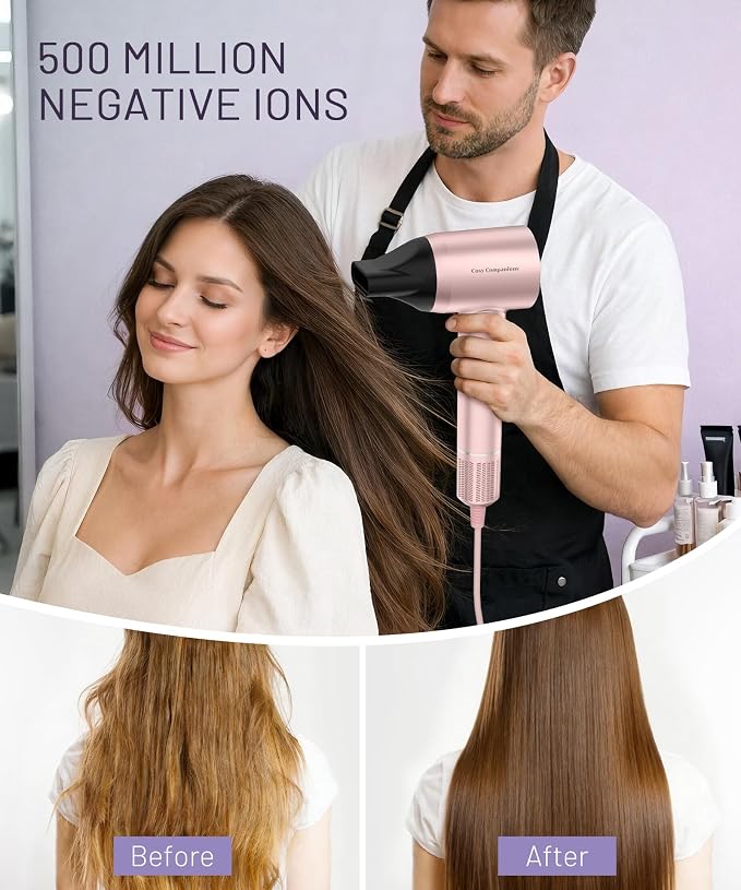 Cosy Companions High-Speed Ionic Hair Dryer, 150000 RPM Brushless Motor for 2-5 Min Fast Drying, Low Noise Blow Dryer Reduces Frizz & Heat Damage, Lightweight Hair Dryer with Diffuser & Nozzle, Pink