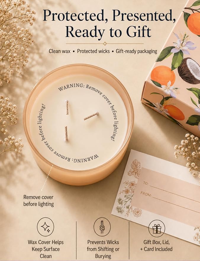 Coconut Orange Blossom Candle | 3-Wick Large Soy Candle 15.8 oz | Creamy Tropical Citrus Floral Scented Candles for Home | Strong Throw, Clean Burn Long Lasting | Aromatherapy Gift for Women