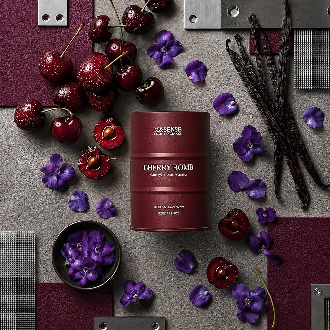 M&SENSE Cherry Bomb Scented Candles, Sweet Candle for Home Scented, Natural Soy Wax Cherry Blossom, Gifts for Women Mom, 11.3 oz 70 Hours Burn