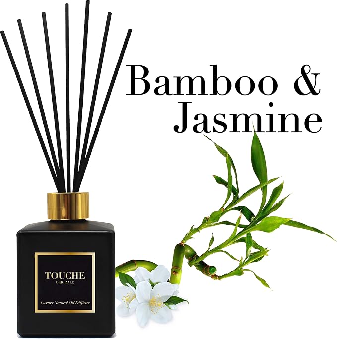 Touche Luxury Natural Reed Diffuser. Long Lasting Scented Home Fragrance. Natural Essential Oil Alcohol-Free. 4.75 OZ. Glass Bottle (Bamboo & Jasmine - Black Bottle)