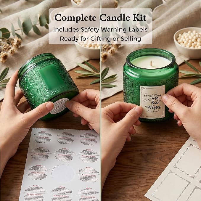 10 oz Green Sun Moon Stars Candle Jars with Metal Lids, 9 Pack | Patented Embossed Design, Includes Wick Centering Devices & Warning Labels, Multiple Color Options