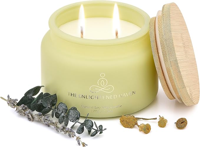 Eucalyptus, Lavender, and Chamomile Meditation and Yoga Candle for Calming, and Stress Relief - 50 Hour Clean Burning Soy Wax - 2-Wick Aromatherapy Relaxation Candle with Guided Materials - 9.5oz