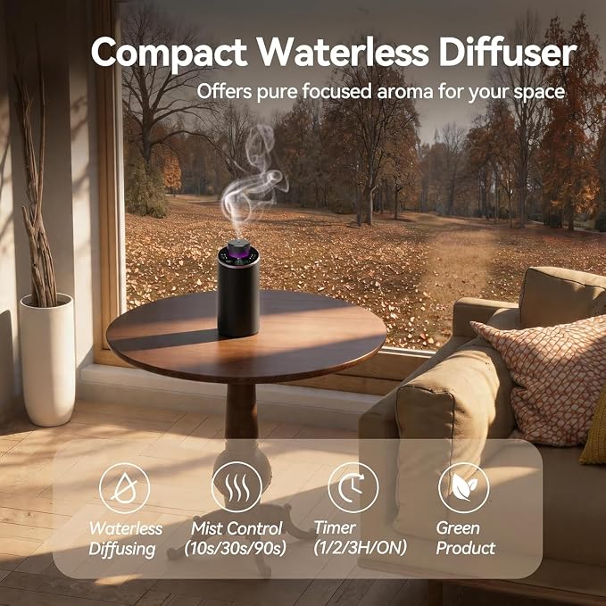 Waterless Essential Oil Diffuser Aromatherapy Scent Diffusers for Home Large Room, Bedroom, Car, Office, Desk, Battery Operated Mini Portable Air Freshener, 3 Countdown Timers & 3 Mist Levels