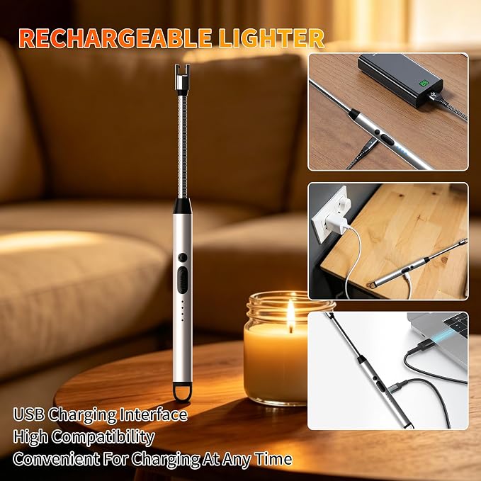 2 Pack Rechargeable Type C Electric Lighters, Flameless and Windproof Candle Lighters with Plasma Arc, 360° Long Reach Flexible Neck & LED Power Display for Candles, BBQ Grill &Camping(Silver) | Flameless, Windproof, Plasma Arc, 360° Long Reach Flexibl...