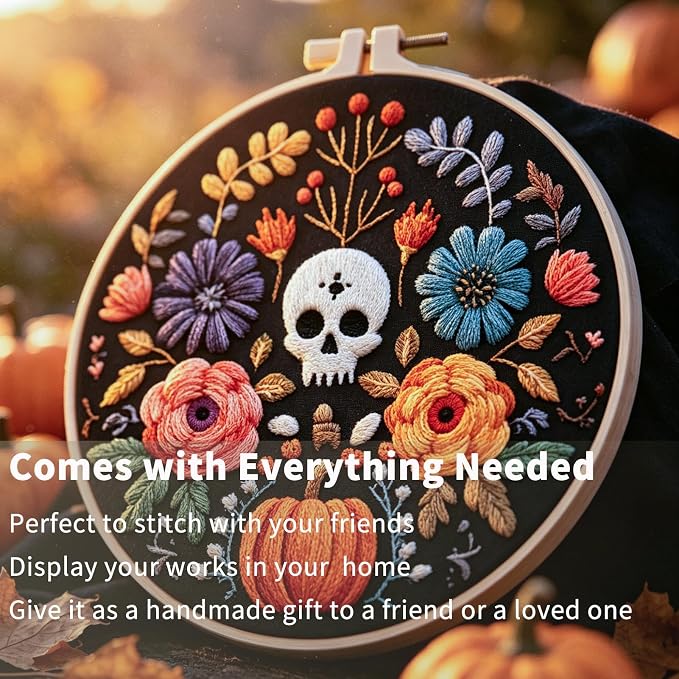 FONNUY Halloween Embroidery Kits for Beginners,Skull Pumpkin Spider Web Floral Stamped Cross Stitch Kit for Adults, Spooky Season Boho Wall Decor, 8'' Hoop (Skull 2)