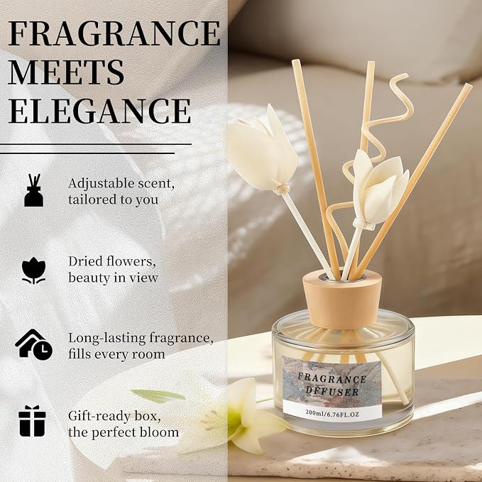6.7 fl oz Reed Diffuser Set, Floating Cloud Tea Aroma Scent, Essential Oil Diffuser with Reed Sticks, Air Freshener for Home Fragrance, Bathroom Decor, Bedroom, Office Shelf Décor (200ml)