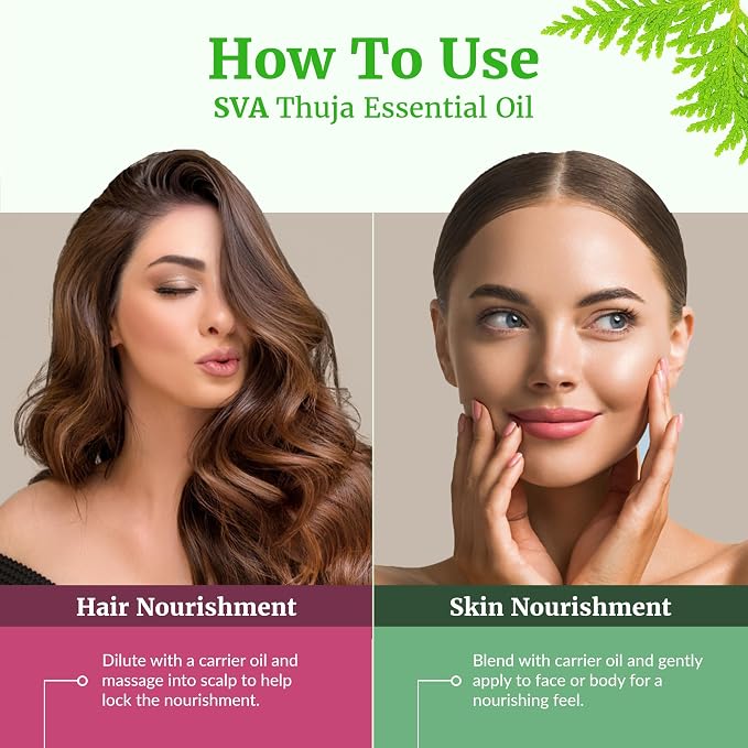 SVA Thuja Essential Oil – 4 Fl Oz – 100% Natural Thuja Oil - for Diffuser, Hair Care, Face, Skin Care, Aromatherapy, Scalp and Body Massage, Soap and Candle Making – with Dropper