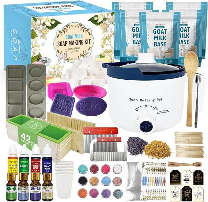 PIUH Goat Milk Soap Making Kit with Soap Melter for Adults, DIY Soap Making Supplies Kit with Natural Goats Milk Soap Base, Soap Melting Pot and Complete Supplies for Making Soaps, Craft Kit for Gift