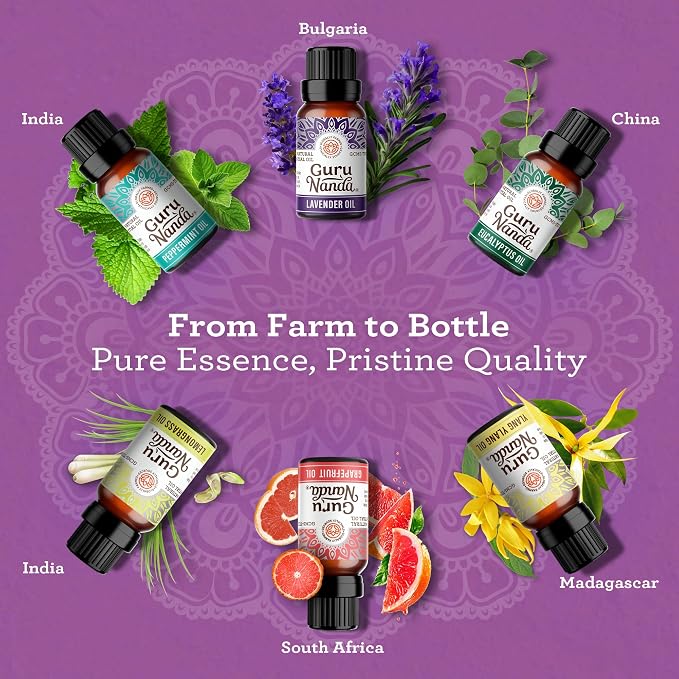 GuruNanda Essential Oils Set – 6 Pack (10mL Each), Lavender, Peppermint, Eucalyptus, Lemongrass, Grapefruit & Ylang Ylang, 100% Natural Aromatherapy Oils for Diffuser, Massage & DIY Candle Making
