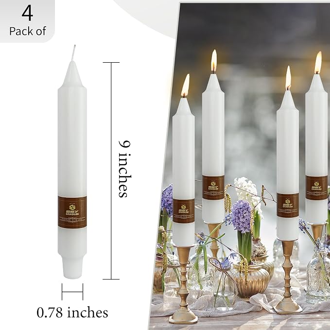 White Taper Candles 9 inch - 4 Pack Fat Candle Taper Candles Smokeless Unscented Tall Candlesticks - Perfect for Wedding Holiday Evening Wedding Bohemian Seaside Theme Home Decor