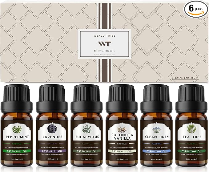 WEALD TRIBE Essential Oils Set for Diffusers, Aromatherapy, Air Freshener, Home Fragrance, Candle Making Scents Gift Set 6x10ml(PEPPERMINT | LAVENDER | TEA TREE | EUCALYPTUS |COCONUT & VANILLA |LINEN)