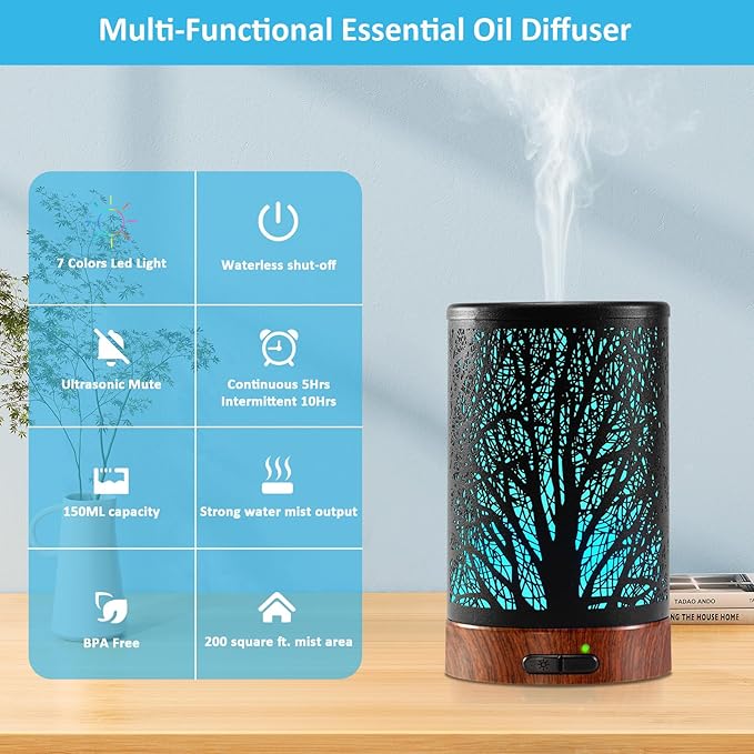 Essential Oil Diffuser - 150ML Metal Aromatherapy Diffuser for Essential Oils with 7 Colors Lights Gifts for Mom Auto Shut-Off & Ultrasonic Cool Mist Diffuser, Ambience for Home