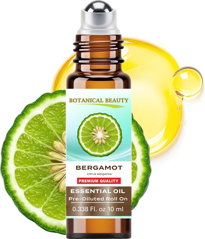 Botanical Beauty BERGAMOT Essential Oil Roll On 0.33 Fl Oz 10 ml for Energy, Mood, Stress, Focus. Pre- Diluted in 100% Pure Organic MCT Coconut Oil. for Skin, Hair, Aromatherapy, Travel.
