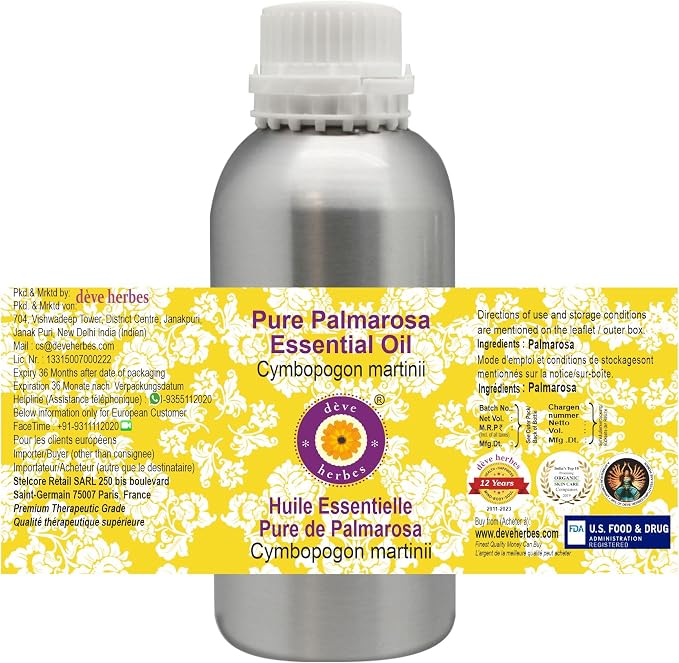 Deve Herbes Pure Palmarosa Essential Oil (Cymbopogon martinii) Steam Distilled 630ml (21 oz)