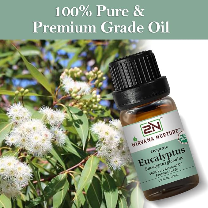 Eucalyptus Essential Oil, USDA Certified Organic, 100% Pure Undiluted, Aromatherapy Oil for Diffuser, Hair & Skin Care