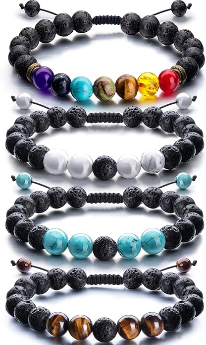 Tatuo 4 Pcs Lava Rock Bracelet for Men Bead Chakra Essential Oil Diffuser Bracelets Jewelry Gift(Style E)